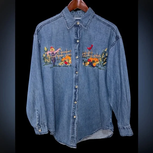 Vintage Solutions Denim Shirt Embroidered Harvest Scarecrow Pumpkin Size M - Picture 1 of 9